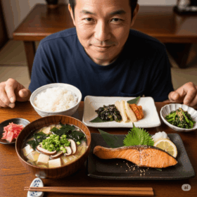 テーブルの上にのった和食（鮭・白米・味噌汁・副菜）と日本人男性