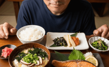 テーブルの上にのった和食（鮭・白米・味噌汁・副菜）と日本人男性