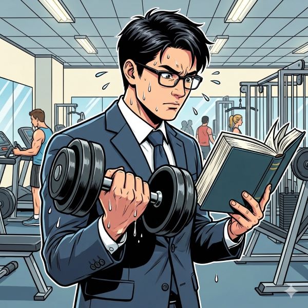 左手で本を読みながら、右手でアームカールをするスーツ姿の男性