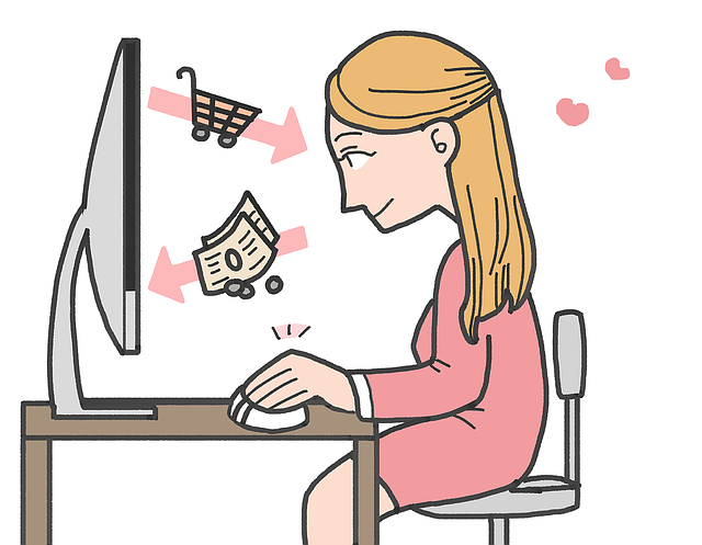 机に座り、パソコンでネットショッピングをする女性