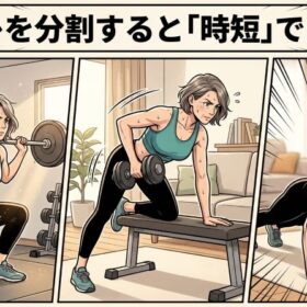 女性がバーベルスクワット、ダンベルロウイング、腕立て伏せをしている