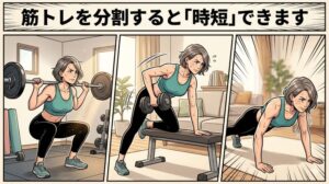 女性がバーベルスクワット、ダンベルロウイング、腕立て伏せをしている