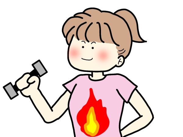 お腹に炎のマークがある女性がダンベルを持っている