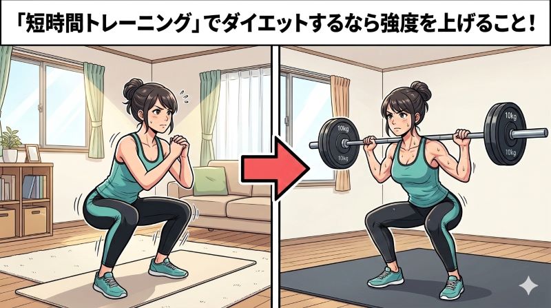 左側には自重スクワットする女性、右側にはバーベルスクワットをする女性