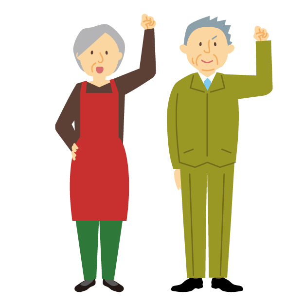 片手を上げる男性高齢者と女性高齢者