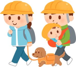 小さな子供と犬と避難する父母