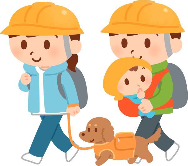小さな子供と犬と避難する父母