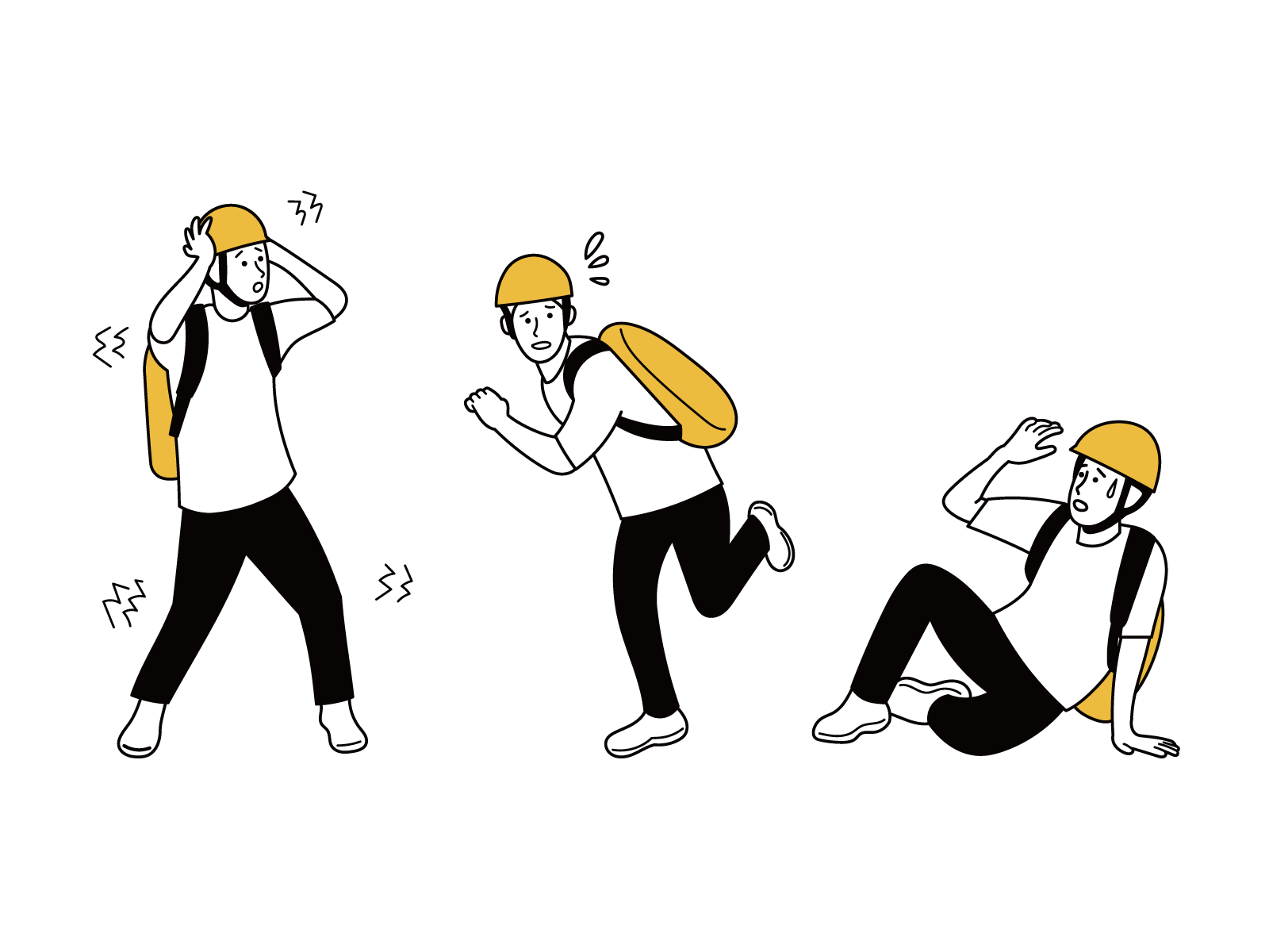 黄色い帽子をかぶった人の3種類のポーズ（頭を抱える　走る　地面に座る）