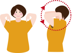 肩に指を置いて肘を回す女性のイラスト（前と横）