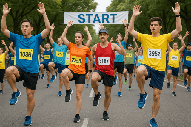 マラソンのスタート地点で動的ストレッチをするランナー