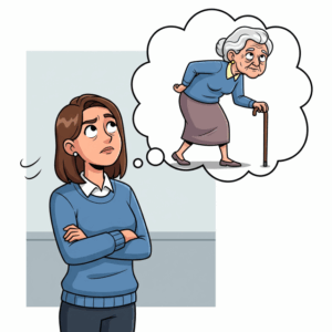 杖をつく、高齢者になった自分を想像する女性