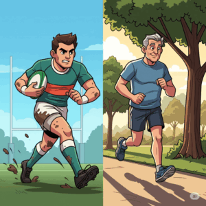 左側にラグビーをする20代男性、右側にランニングをする60代男性