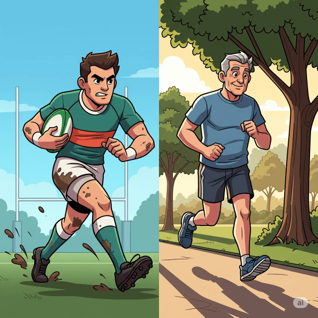 左側にラグビーをする20代男性、右側にランニングをする60代男性