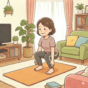 自宅のリビングでスクワットを行う女性
