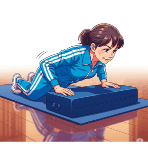 ブロックに手をついて膝つき腕立て伏せをする中高年女性