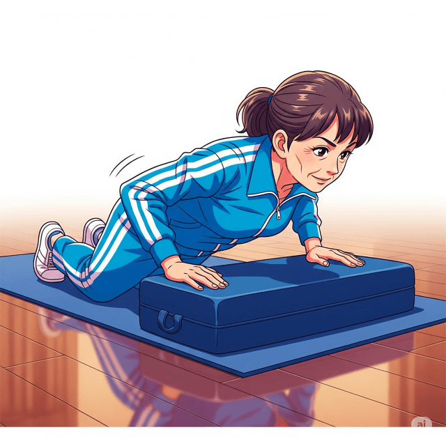 ブロックに手をついて膝つき腕立て伏せをする中高年女性