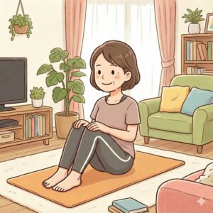 リビングの床に座り、骨盤底筋トレーニングを行う女性
