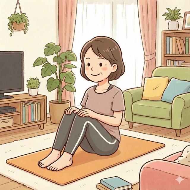 リビングの床に座り、骨盤底筋トレーニングを行う女性