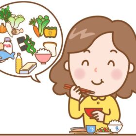 食事を楽しむ女性とバランス食を表現したふきだし