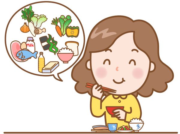 食事を楽しむ女性とバランス食を表現したふきだし
