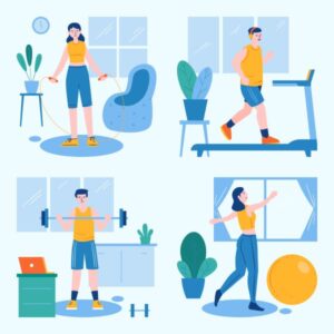 宅トレ（筋トレ、縄跳び、バランスボール、トレッドミル）をする人達