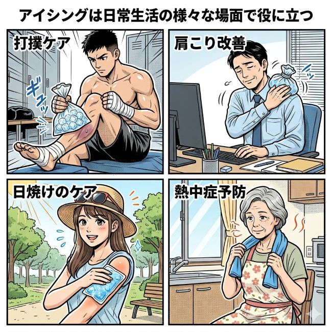 アイシングの4つの効果(打撲のケア、肩こり改善、日焼けのケア、熱中症予防)
