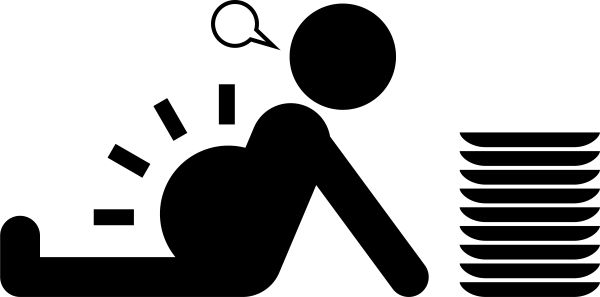 積み上げられたお皿と後ろに手をついて座る満腹の人のピクトグラム